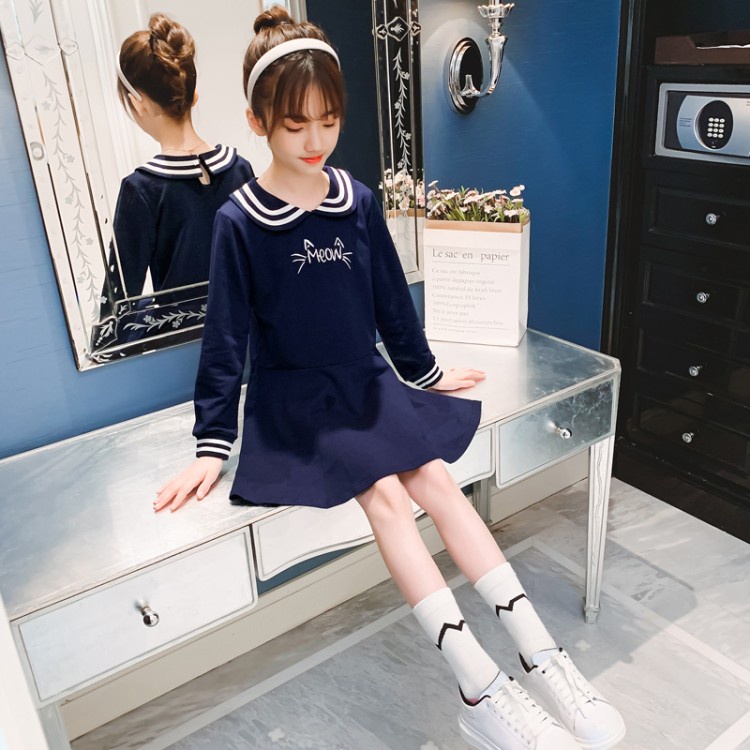 💕Bộ đồ thời trang xinh xắn dành cho bé gái💕 Đầm dài tay dáng chữ A cổ thủy thủ xinh xắn dành cho bé