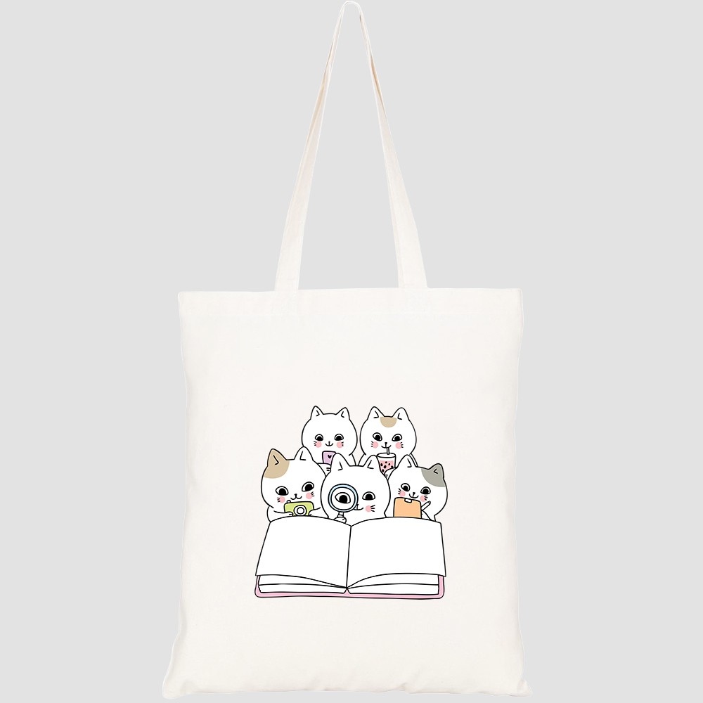 Túi vải tote canvas HTFashion in hình cartoon cute back school cats reading book HT153