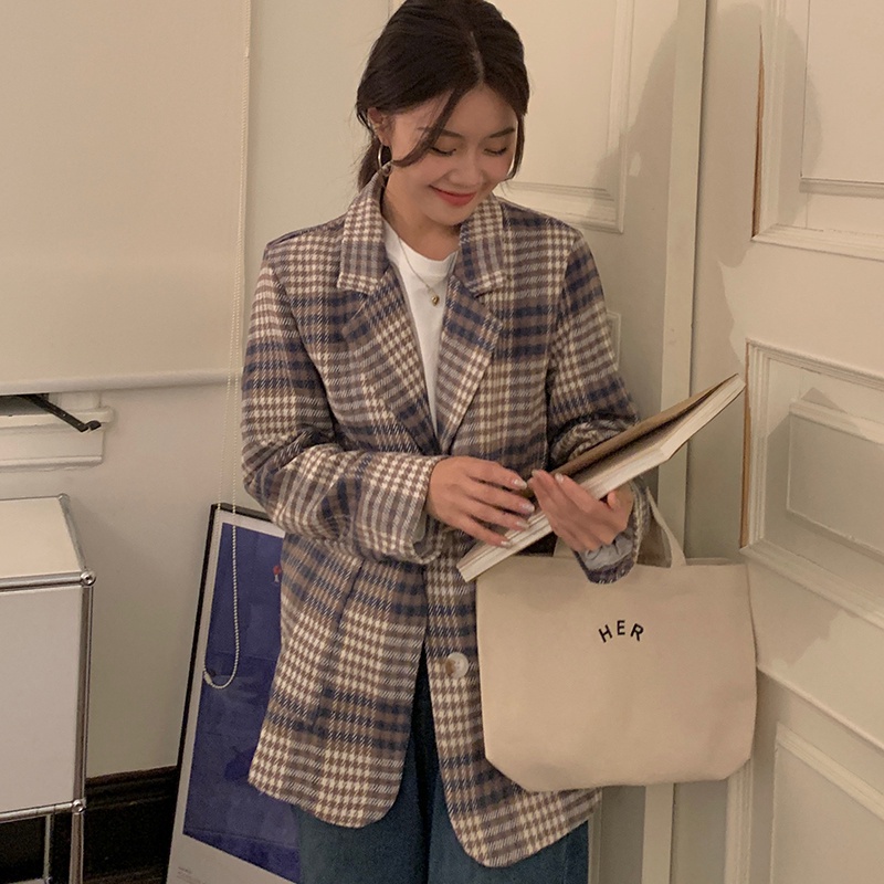 SUXI Áo Khoác Blazer Họa Tiết Kẻ Sọc Thời Trang Thu Đông Hàn Quốc Mới Cho Nữ