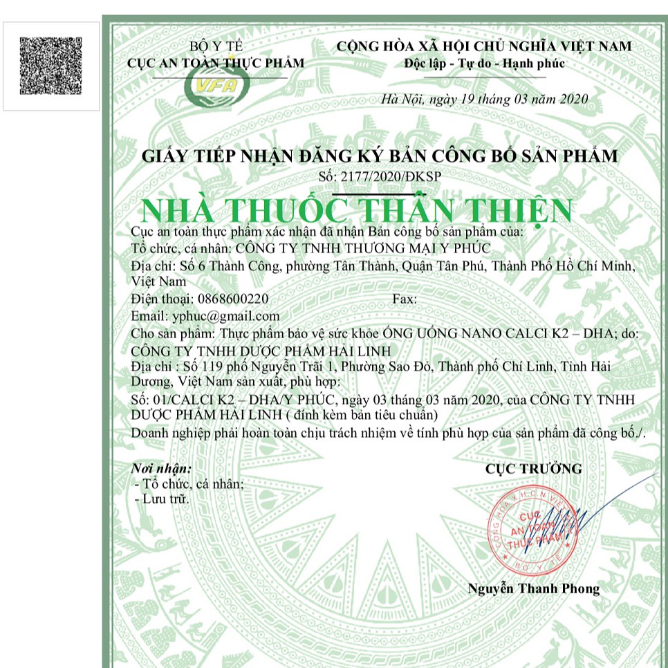 Ống uống nano Calci K2 – DHA Y phúc – Hỗ trợ tăng chiều cao cho trẻ, giảm loãng xương (10 ống)