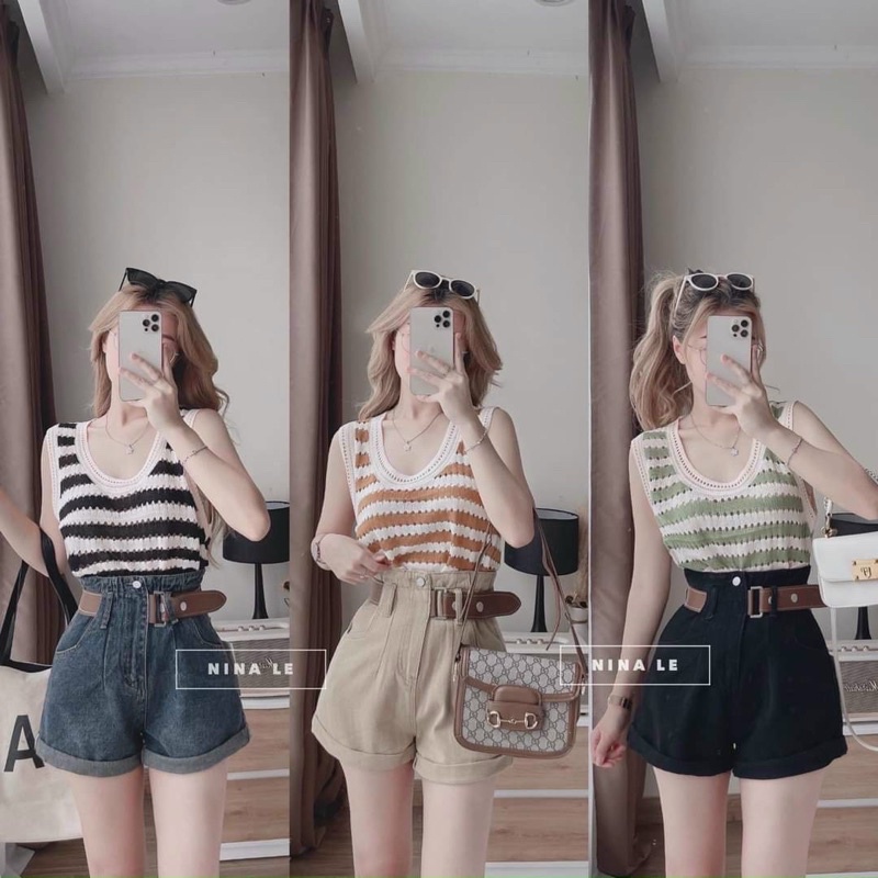 Áo len mỏng sọc ngang ba lỗ form rộng, Áo kiểu sát nách len AL7015 - NhiNhi Shop