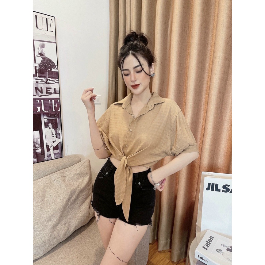 Áo sơ mi buộc vạt tay lỡ trơn cá tính