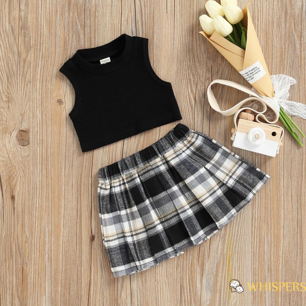 Set áo dệt kim sát nách màu trơn + chân váy xếp ly độc đáo thời trang mùa hè cho bé gái 0-4 tuổi