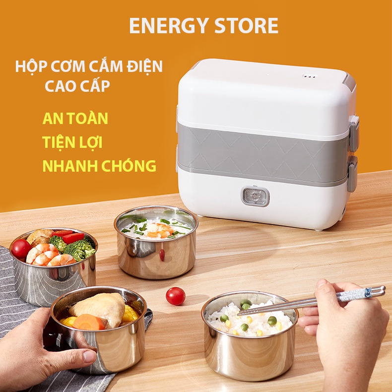 (XẢ KHO )HỘP CƠM CẮM ĐIỆN VĂN PHÒNG THÔNG MINH 2 TẦNG 4 NGĂN INOX