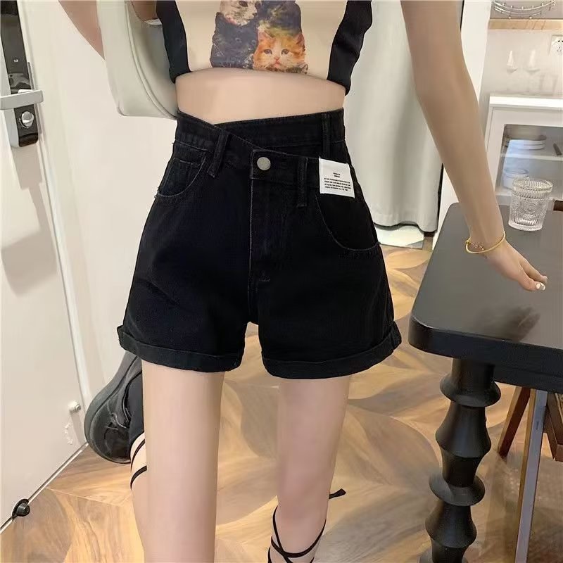 Quần short denim IELGY lưng cao ống rộng phong cách retro thời trang cho nữ