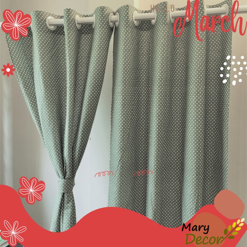 Rèm cửa trang trí vải bố linen đẹp - họa tiết chấm bi xanh R-C04