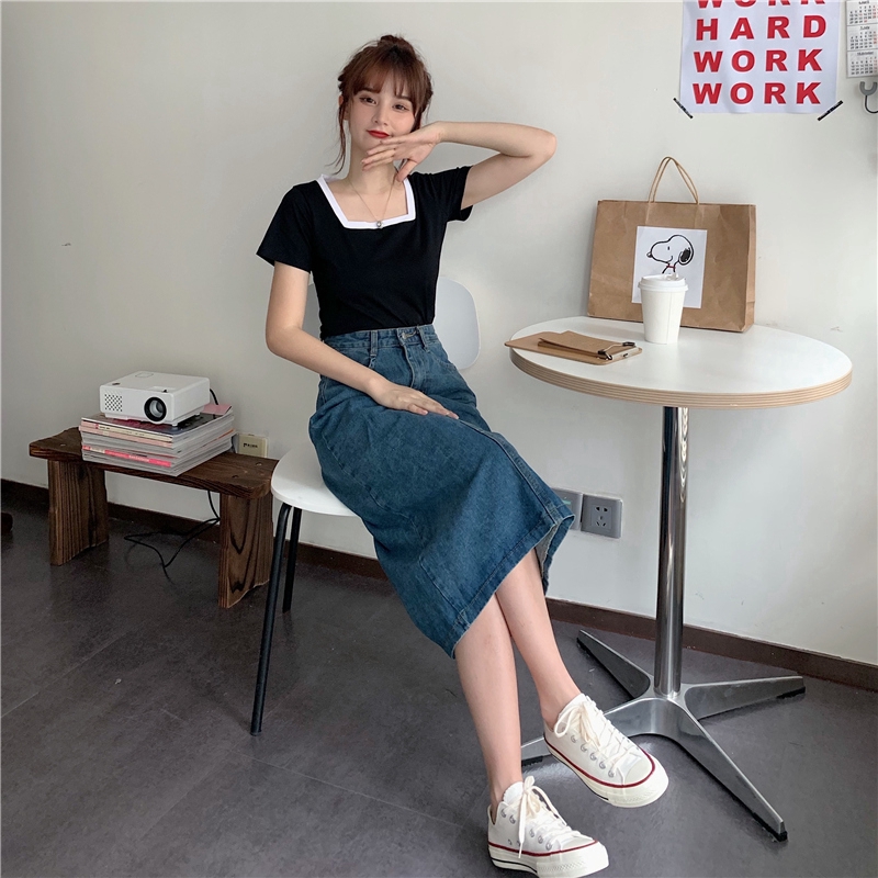 SUXI Áo Thun Tay Ngắn Cổ Vuông Màu Trơn Quyến Rũ Dành Cho Nữ