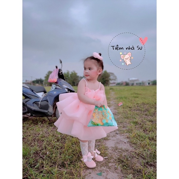 Váy Đầm công chúa 2 dây nơ ngực kèm cài tóc bé gái diện thôi nôi, sinh nhật (07-22kg) - TIỆM NHÀ SU
