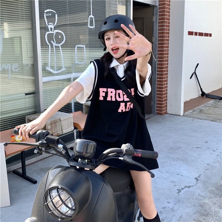 Áo COZOKC tay ngắn dáng rộng giả hai lớp thời trang