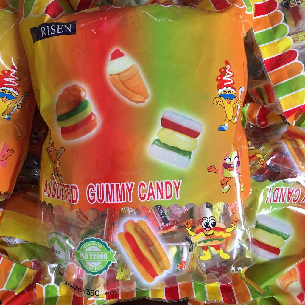 Kẹo dẻo hình fashfood Gummy Candy Risen Mỹ 350g cho bé ăn vặt ngon (hình hotdog, hamburger, kem ốc quế, Sandwich)