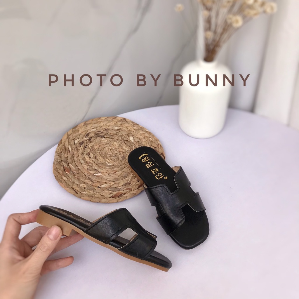 Sẵn Ảnh Thật Dép Lê HM Đen Da PU Mềm Cho Bé Gái KB065