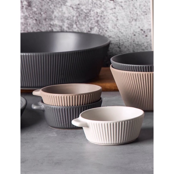 Bộ bát đĩa vân sọc mix màu xám cafe phong cách Bắc Âu sang trọng