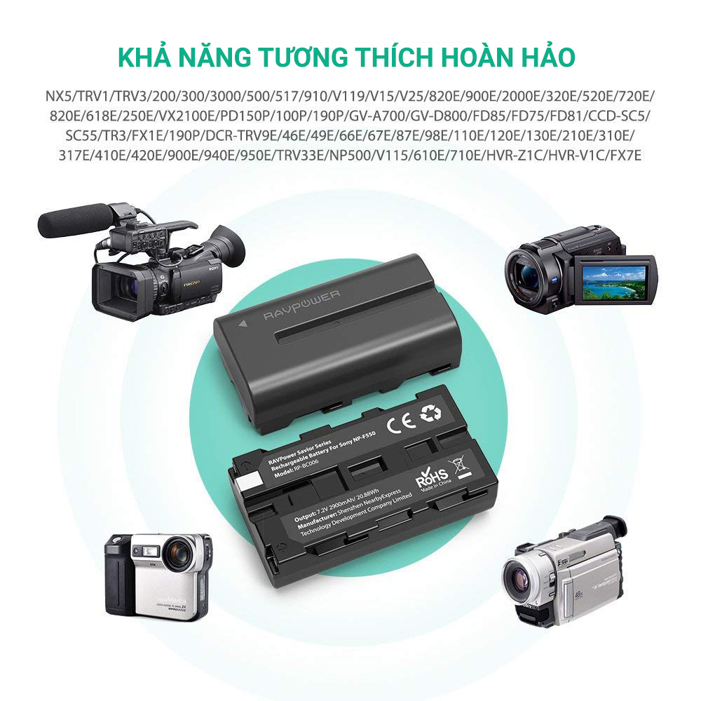 Bộ 2 pin và sạc kép NP-F550 Ravpower cho máy quay Sony NX5 / TRV1 / TRV3 và TRV9E / 46E / 49E..