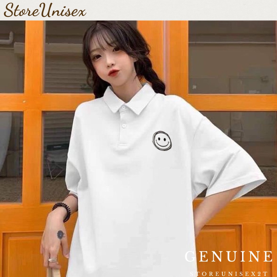 Áo polo tay lỡ nam nữ có cổ form rộng áo thun polo oversize in Mặt cười cotton giá xưởng UnisexShop222