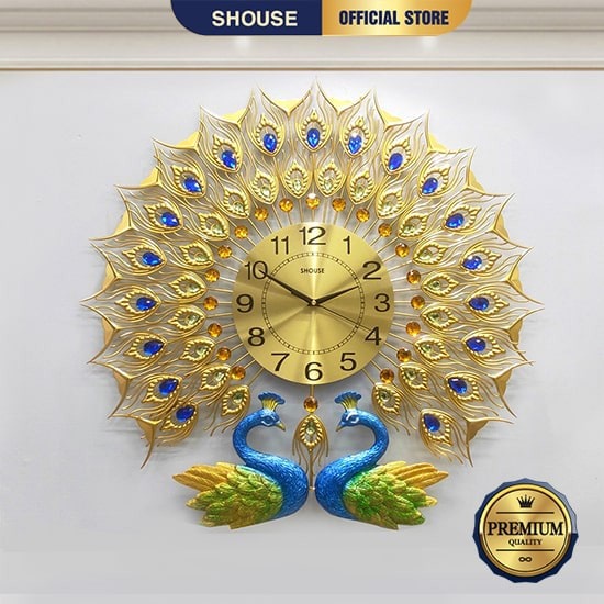 ✔∋Đồng Hồ Con Công Treo Tường Chim Khổng Tước Vàng Shouse DTN009 kim trôi không gây tiếng động trang trí phòng khách