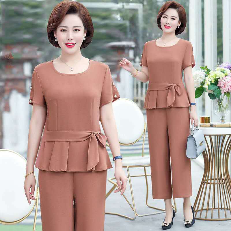 Middle-aged mother wear summer chiffon suit foreign style 40-50 year old women's short sleeve two-piece suit