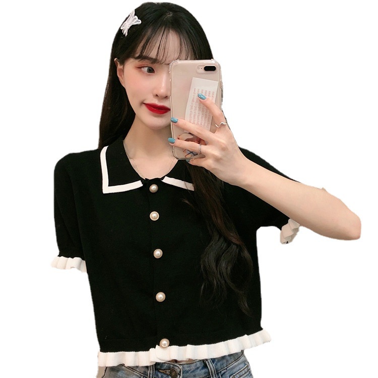 Áo Dệt Kim Ngắn Tay Đính Ngọc Trai Tương Phản Thời Trang Mùa Hè Hàn Quốc Mới Cho Nữ
