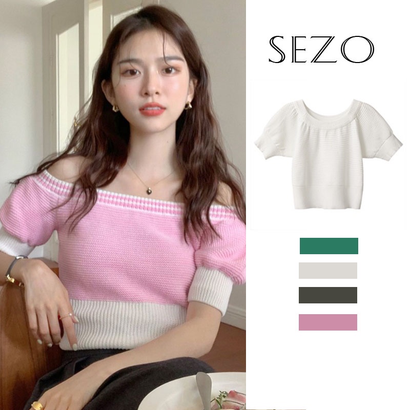 QKOOLE  Áo croptop Dệt Kim Tay Ngắn Hở Vai Thời Trang Hàn Quốc Dành Cho Nữ