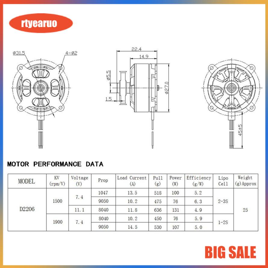Động cơ không chổi than D2206 1500KV 2-3S cho máy bay điều khiển từ xa