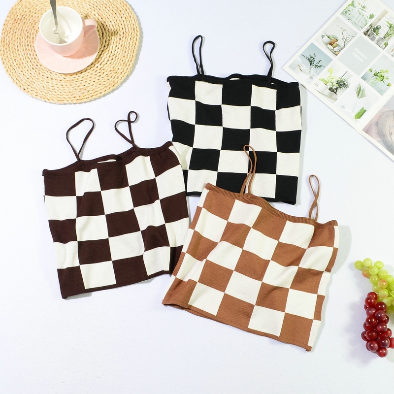 SUXI Áo Hai Dây Dệt Kim Ôm Dáng Kẻ Sọc Ca Rô Kiểu Retro Hàn Quốc