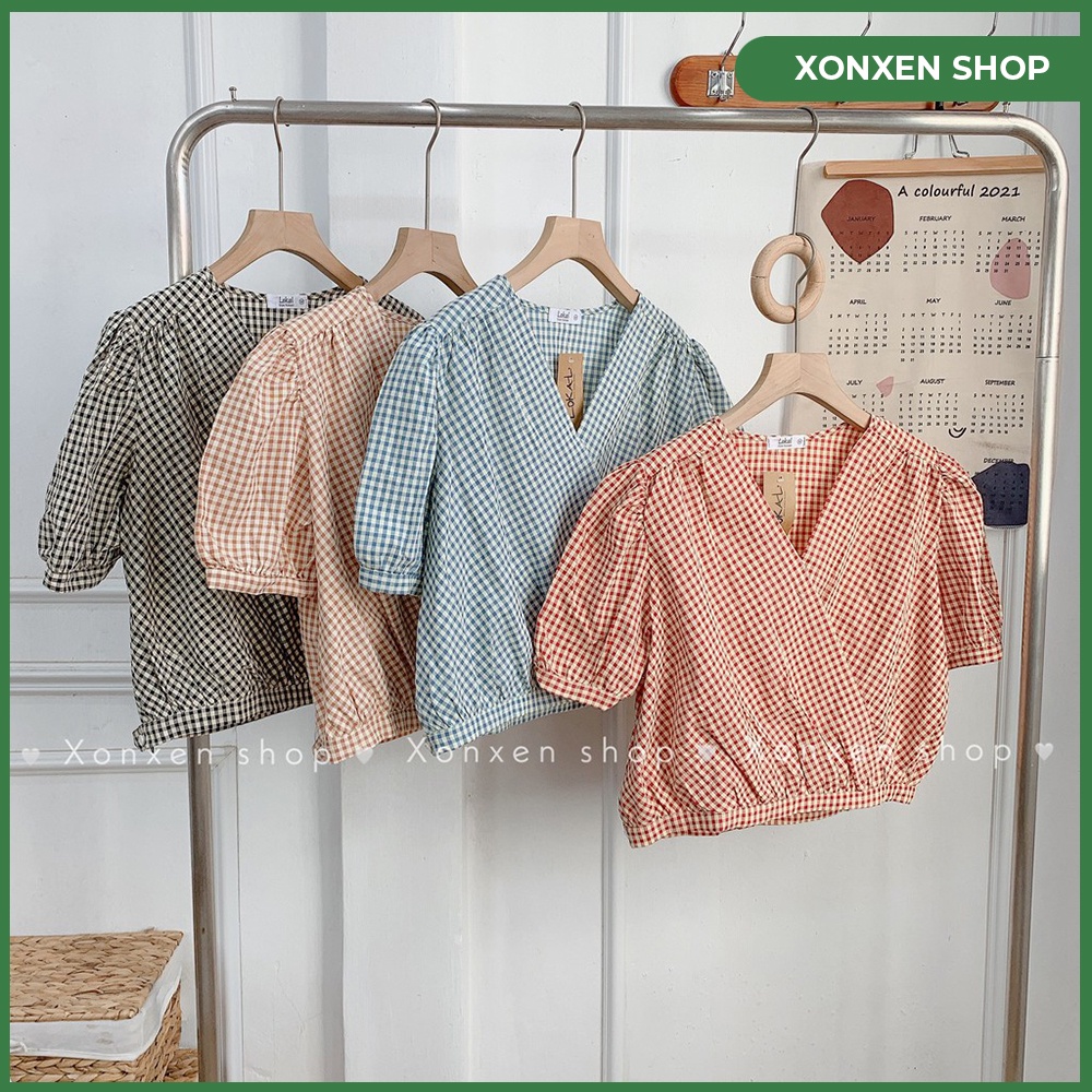 ÁO KIỂU NỮ ÁO KIỂU CARO CHÉO NGỰC XON XEN ĐĂK LĂK FREE SIZE MÃ 93
