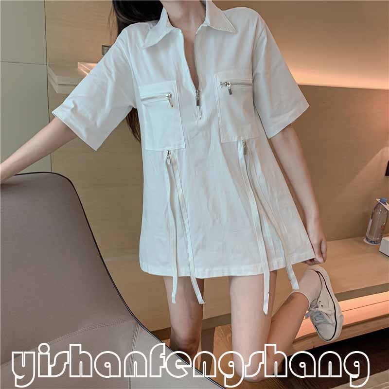 Áo Sơ Mi Tay Lửng Cổ Đứng Phối Khóa Kéo Phong Cách Hàn Quốc Thời Trang Dễ Phối Đồ