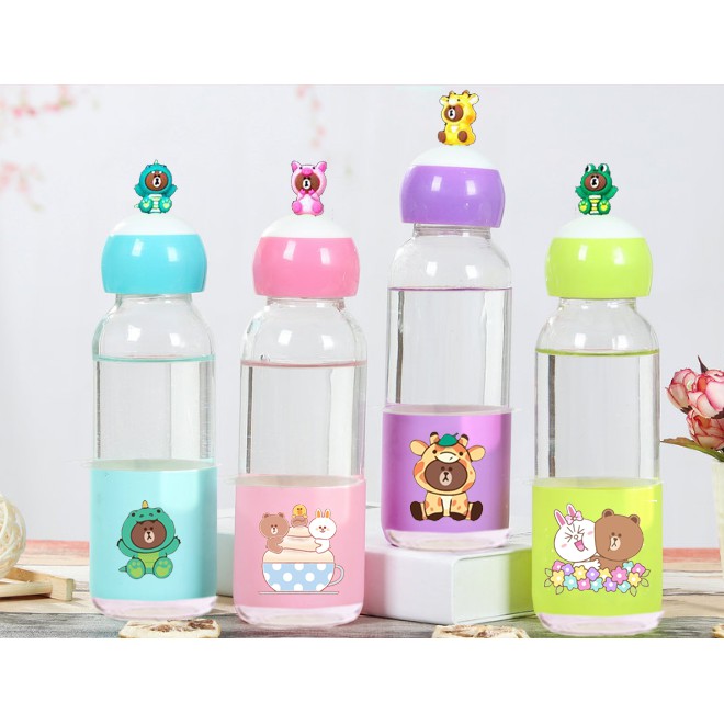 Bình nước gấu brown thỏ cony vịt sally lá cây 400ml BNCI3 thuỷ tinh bình nước cute chai nước dễ thương