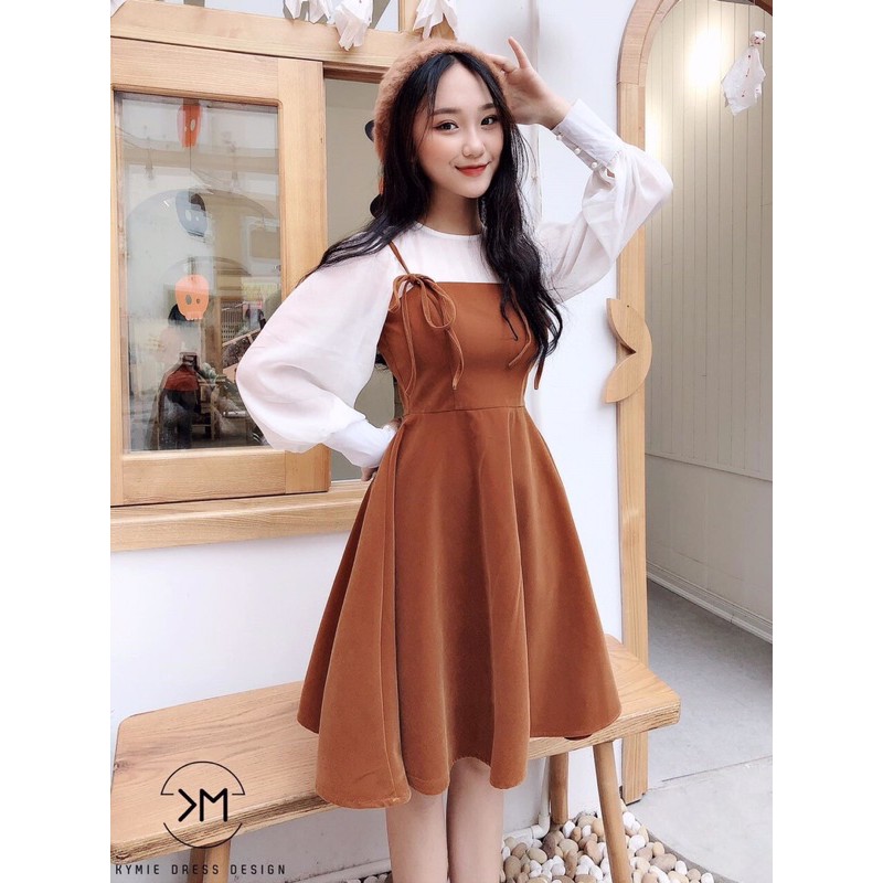 Set yếm ❤️Hình thật 100%❤️Set yếm nhung nâu + áo dài tay