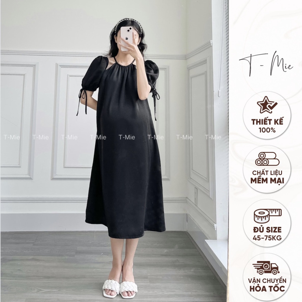 T-Mie | Đầm Bầu Thiết Kế Cổ Yếm Tay Phồng Form Suôn Sang Trọng ,Công Sở ,Dạo Phố ,Đi Tiệc Đẹp