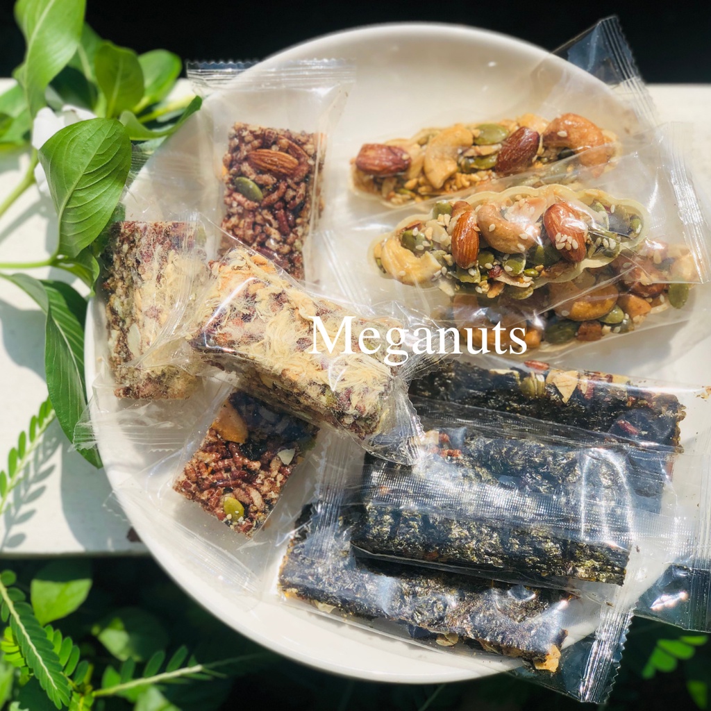 COMBO MIX CÁC LOẠI BÁNH ĂN KIÊNG BÁNH THUYỀN/THANH GẠO LỨT/RONG BIỂN KẸP HẠT/BISCOTTI- MIX BÁNH HẠT DINH DƯỠNG MEGANUTS