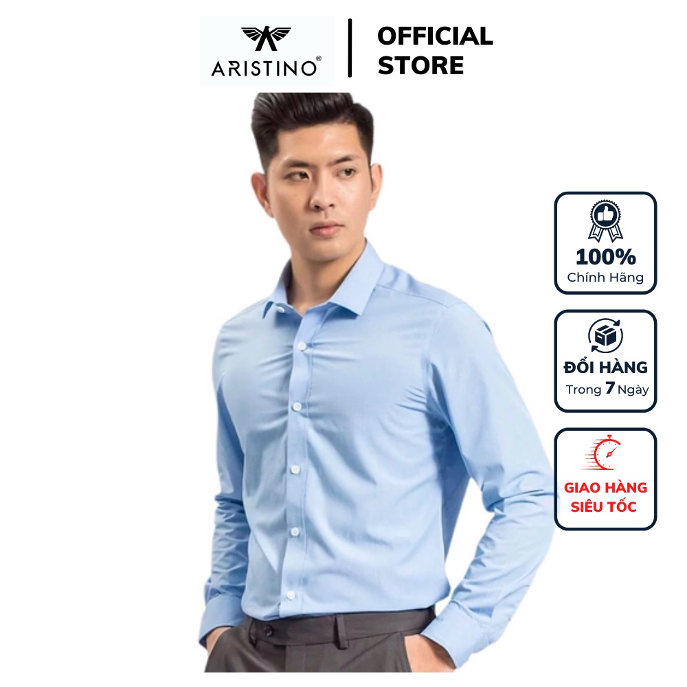 Áo sơ mi nam dài tay ARISTINO ALS60708 somi công sở vải sợi tre cao cấp màu xanh kẻ ô nhỏ dáng ôm tà lượn không túi