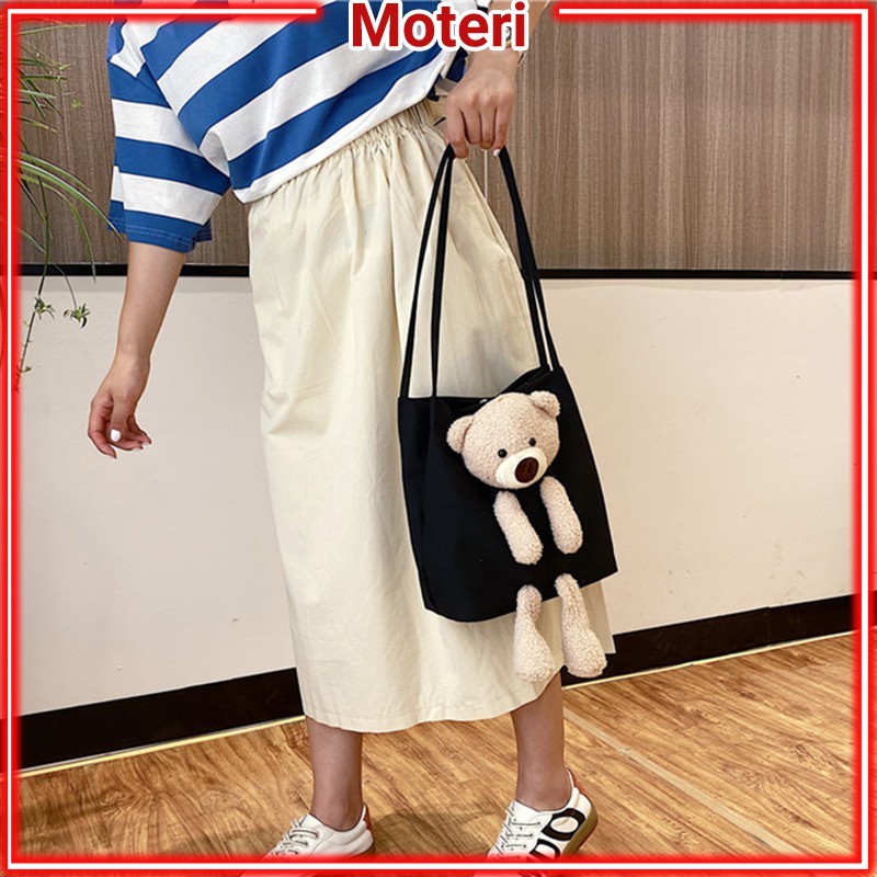 Túi tote vải canvas đi học đeo vai đẹp rẻ kèm gấu bông MOTERI