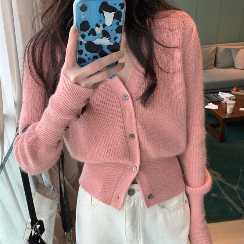 Áo Khoác Cardigan Dệt Kim Dáng Ngắn Cổ Chữ v Màu Hồng Thời Trang Cho Nữ  tao bao