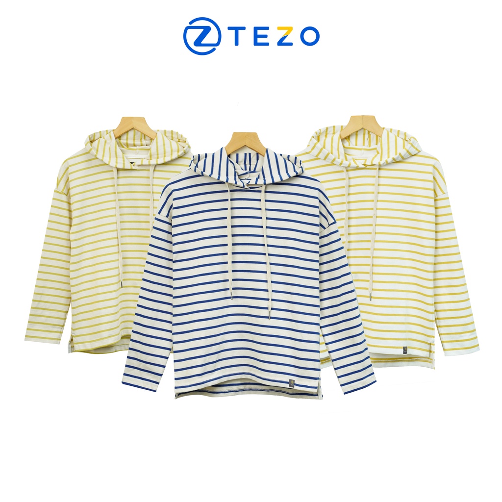 Áo Hoodie nữ Tezo nỉ nữ có mũ phối kẻ ngang 22ANMS001