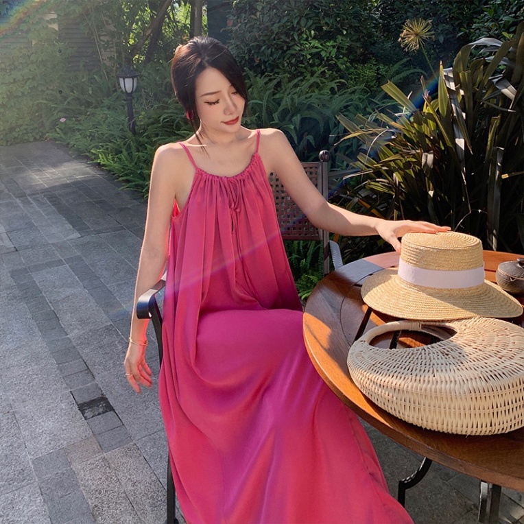 Váy cổ yếm  LUHAZO buộc dây dáng xoè đi biển màu hồng sen nữ đẹp dài rộng bigsize Hàn Quốc 9135 DK2T301