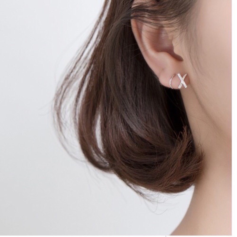 Bông tai nữ bạc thật đan xoắn chữ x đính đá ôm sát tai cá tính - Kho sỉ bạc Nhất Linh