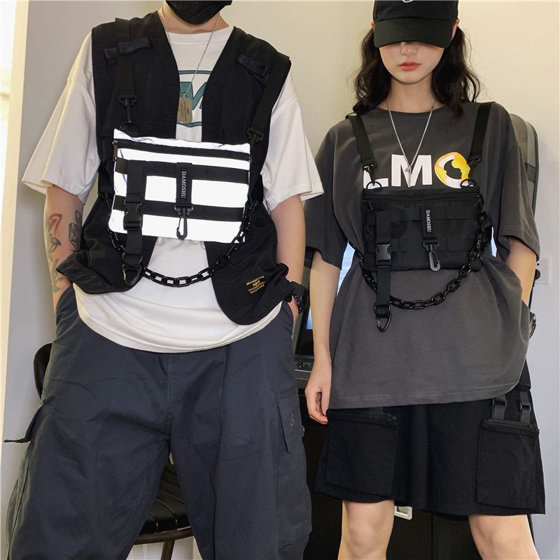 Túi Đeo Trước Ngực Chain Dạ Quang Màu Đen Unisex Quảng Châu Street Style Menswear Đi Quẩy Rave Fanny Bag Ngầu Darkwear