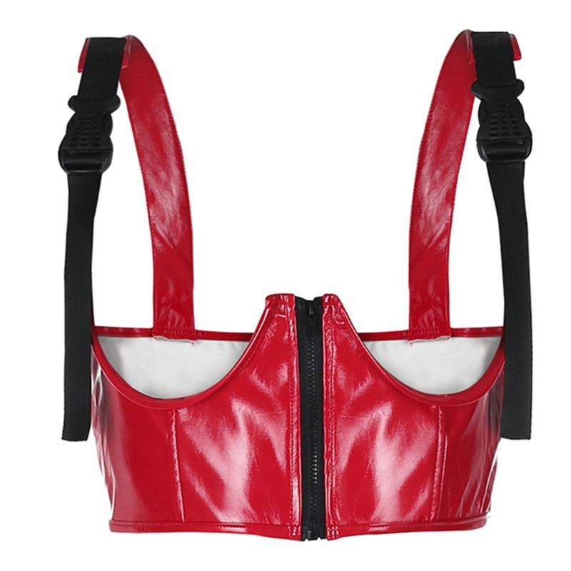 Áo Croptop Giả Da Phối Khóa Kéo Trước Dạng Hở Phong Cách Gothic Harajuku Punk Cho Nữ