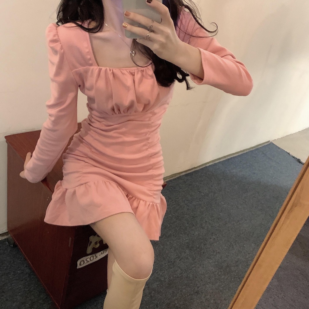 Đầm Ngắn Cổ Vuông Xếp Ly Kiểu Hàn Quốc Thời Trang Dự Tiệc đầm dạ hội 4ZAF89
