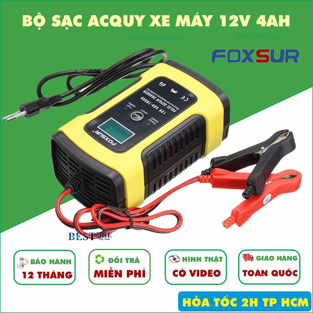 Bộ sạc acquy, máy sạc ắc quy FOXSUR 12V 5A kèm phục hồi bình,sạc bình oto xe máy,tự ngắt khi đầy