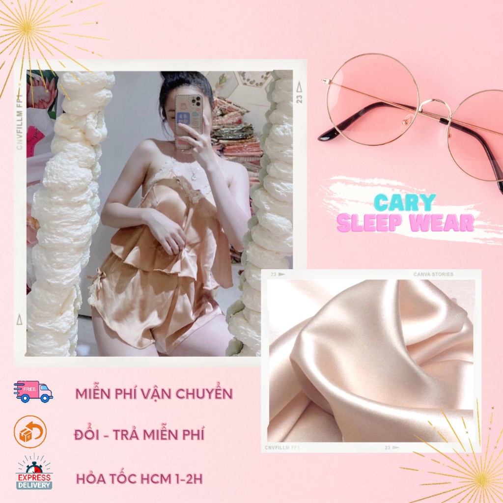 Đồ ngủ nữ sexy chất lụa satin cao cấp mặc nhà, bộ ngủ yếm phối ren gợi cảm bigsize CARY