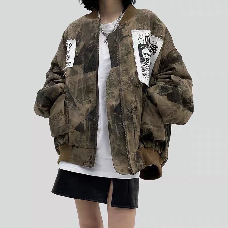 Áo jacket camo chắp vá chất liệu kaki dày