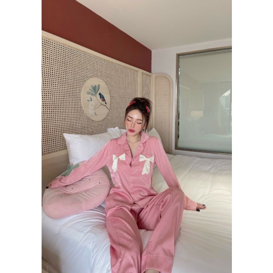 Set pijama vải lụa xước nơ TDQD hàng SAM cao cấp