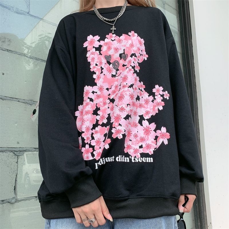 Áo Thun Sweater Dáng Rộng Tay Dài In Hình Gấu Và Hoa Dễ Thương