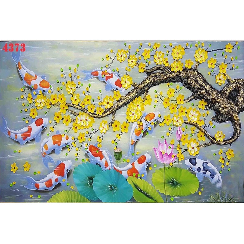 Tranh dán tường 3D cành mai vàng cửu ngư quần hội vải lụa phủ kim sa