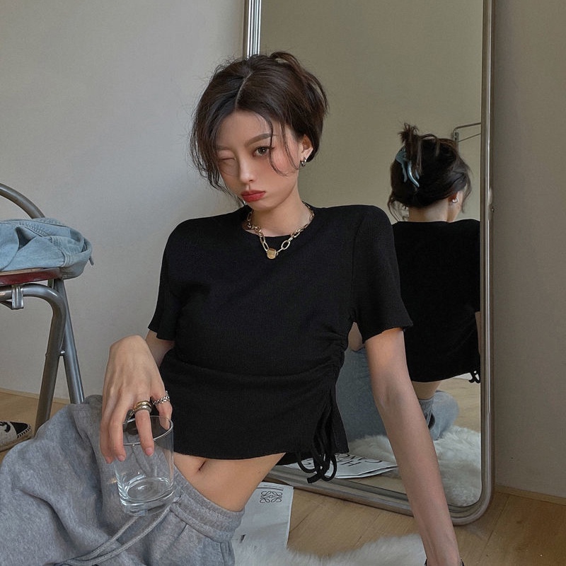 Áo thun crop top IELGY tay ngắn phối dây rút chất lượng cao thời trang cho nữ
