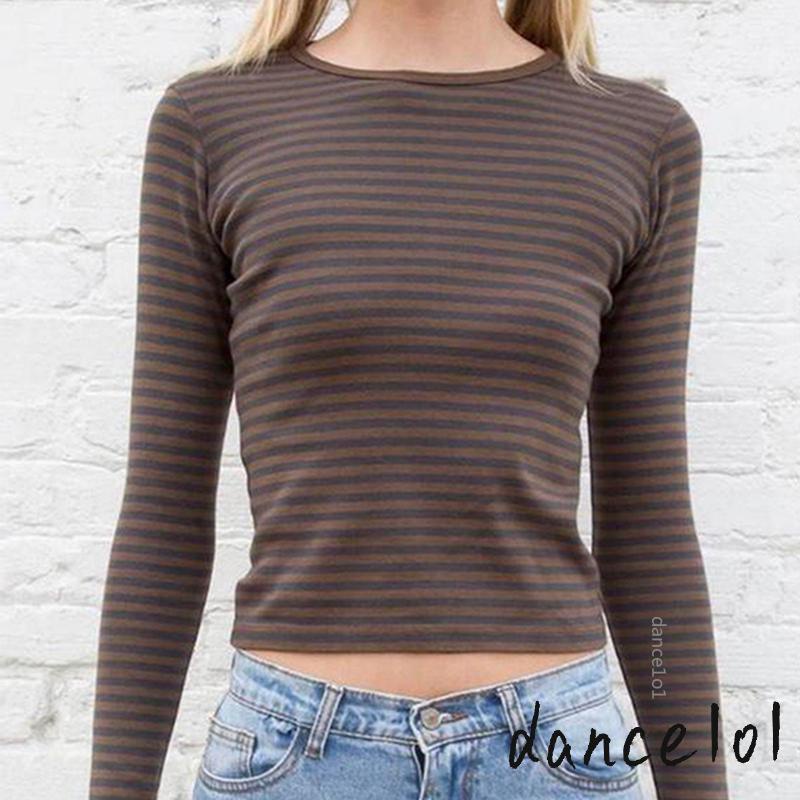 Áo Thun Tay Dài Cổ Tròn In Họa Tiết Kẻ Sọc Khiêu Vũ1O1-Y2k Cho Nữ