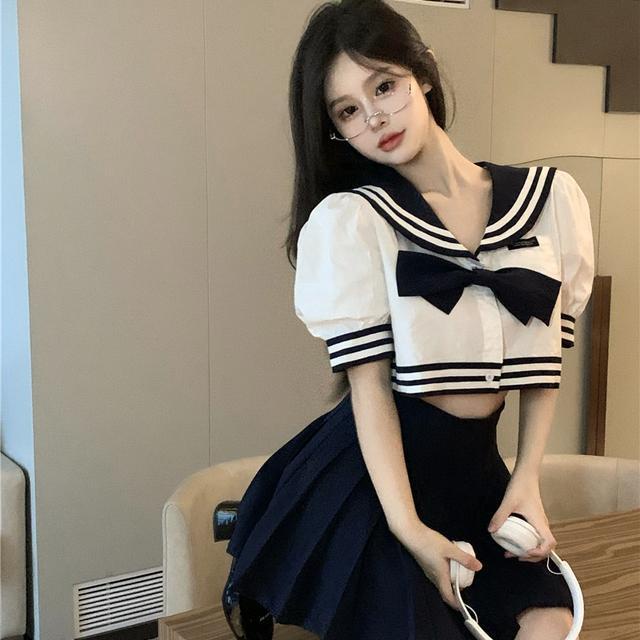 Jiashucheng Bộ Áo Sơ Mi Ngắn Tay Thắt Nơ Cổ + Chân Váy Phong Cách Preppy Thời Trang Mùa Hè Cho Nữ