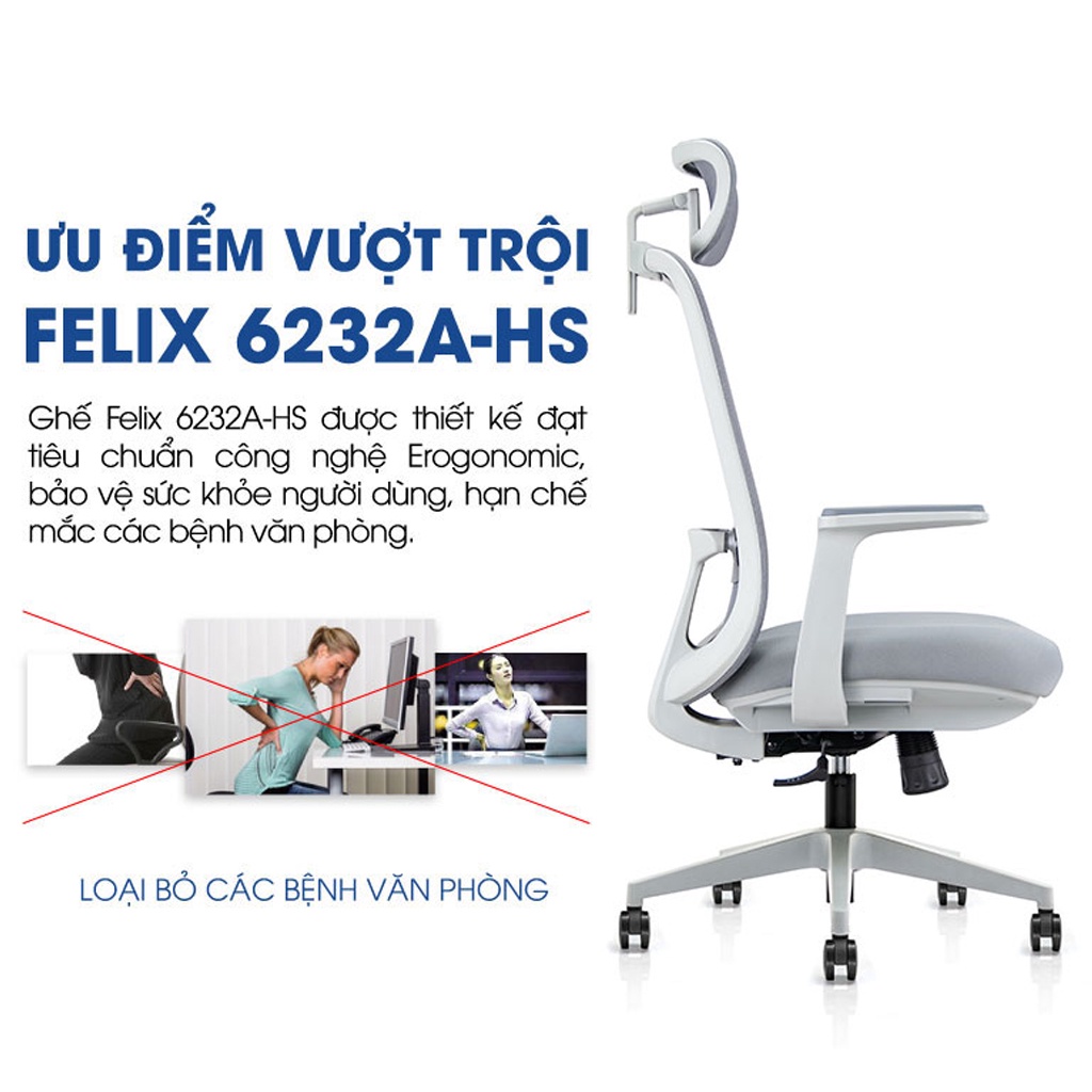 Ghế công thái học Ergonomic GOVI Felix F6232A-HS - Tựa đầu điều chỉnh độ cao, tựa tay 3D nâng hạ, mâm ghế ngả 135 độ