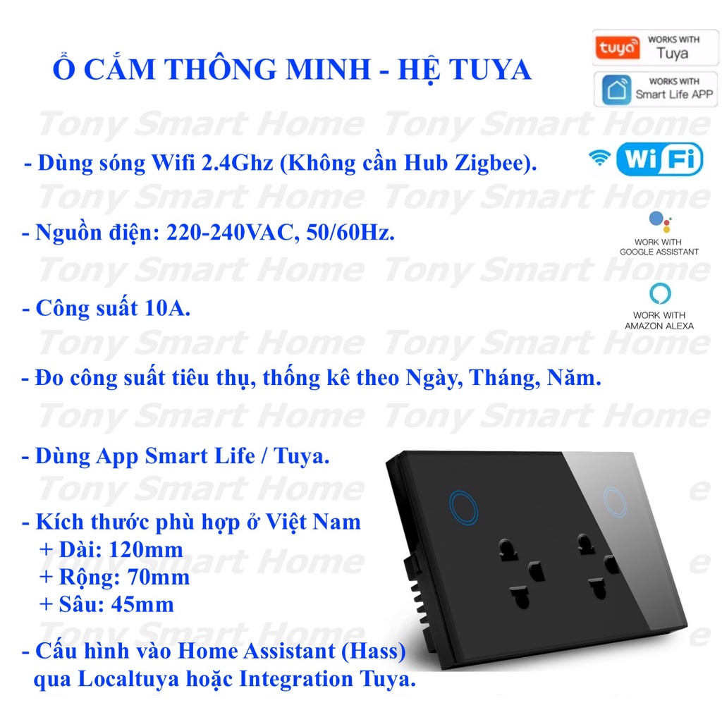 Ổ cắm âm tường thông minh, kết nối Zigbee hoặc Wifi, hệ Tuya.